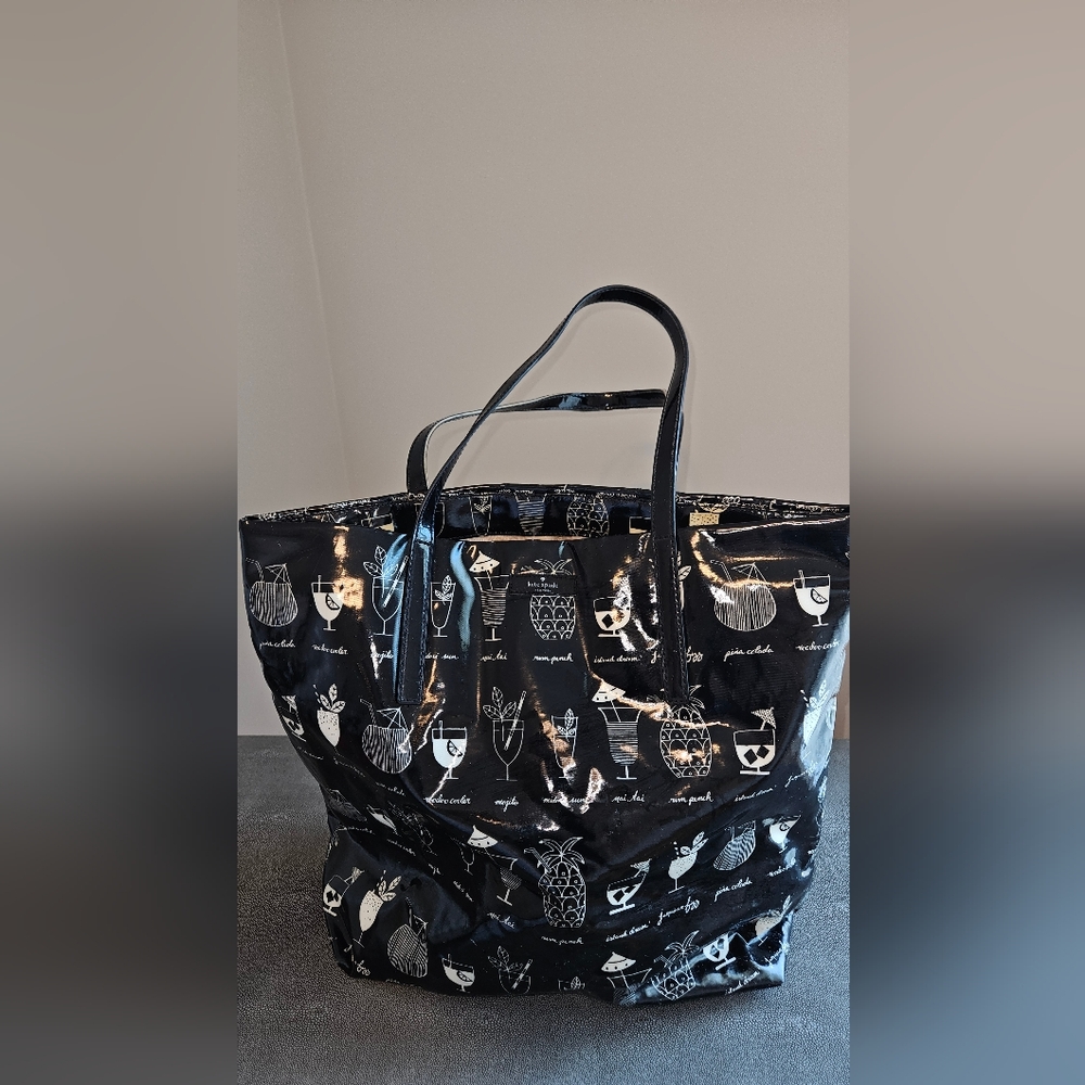 Kate Spade Glossy Black Tote with Cocktail Design